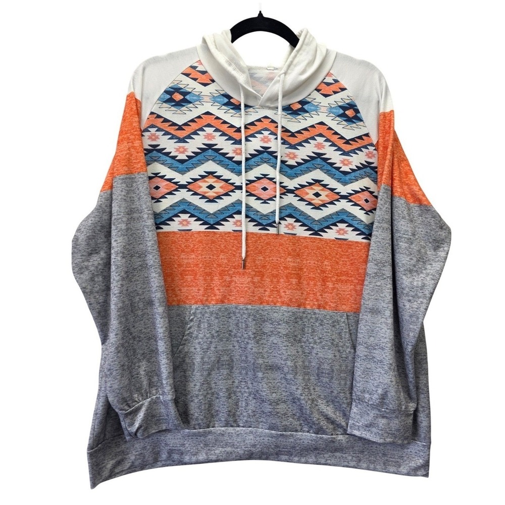 Aztec Print Colorblock Hoodie Womens Orange Grey Southwestern Tribal Pullover